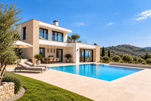 Moderne Villa mit Pool und Blick auf Motovun in Istrien